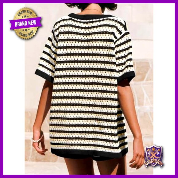 Crochet Knit Coverup Set Oversized Boho Beach Shorts Button Shirt - Picture 4 of 7